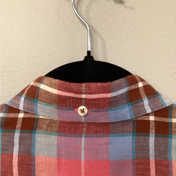 Faconnable Men’s Large Linen Pink Plaid Button Down Shirt in Preloved Condition - Picture 7 of 11